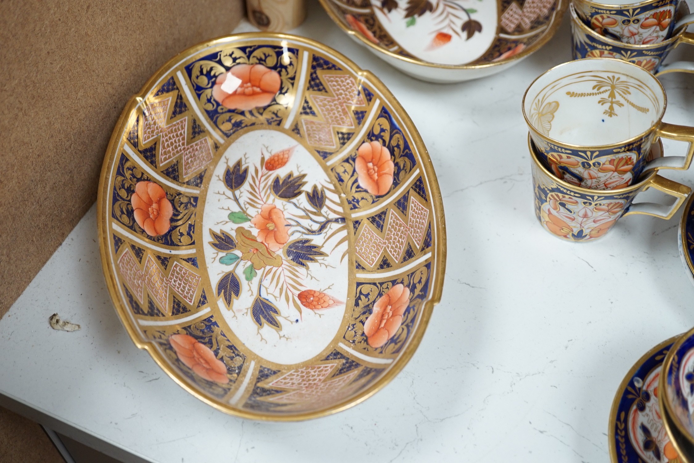 An early 19th century English porcelain Japan-pattern tea and coffee set and two similar dessert dishes